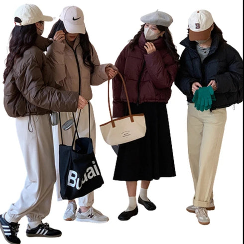 Side Drawstring Puffer Color Contrast Zippers Jacket